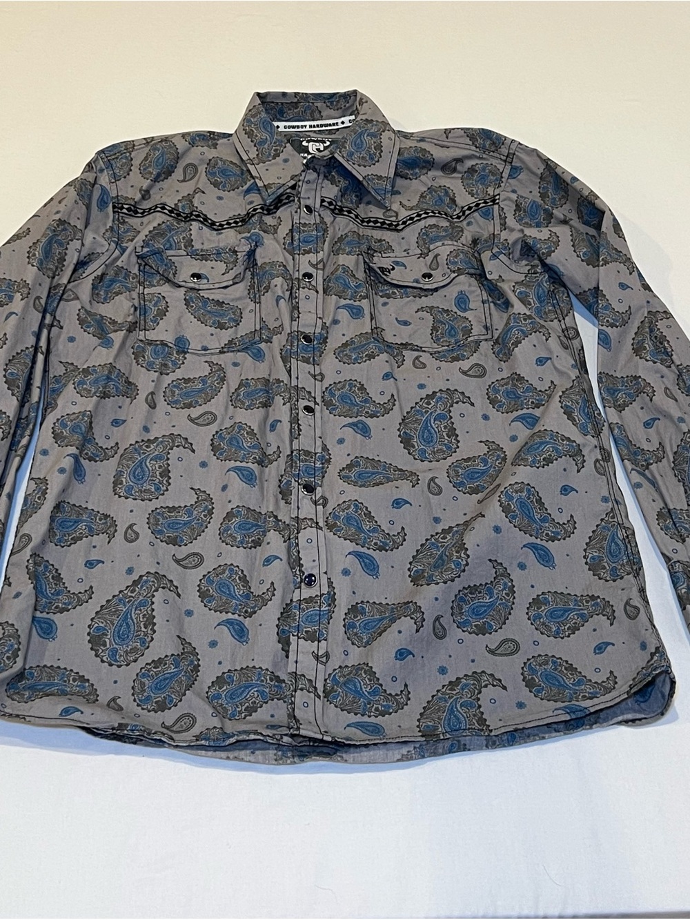 Cowboy Hardware Men’s Medium Paisley Western Pearl Snap Shirt Gray Blue